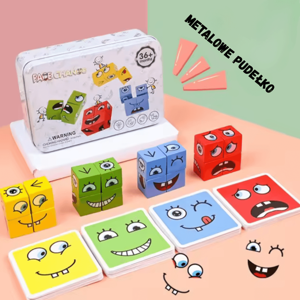 Drewniana Gra Logiczna Twarze i Emocje – Klocki Montessori, Układanka Edukacyjna dla Dzieci