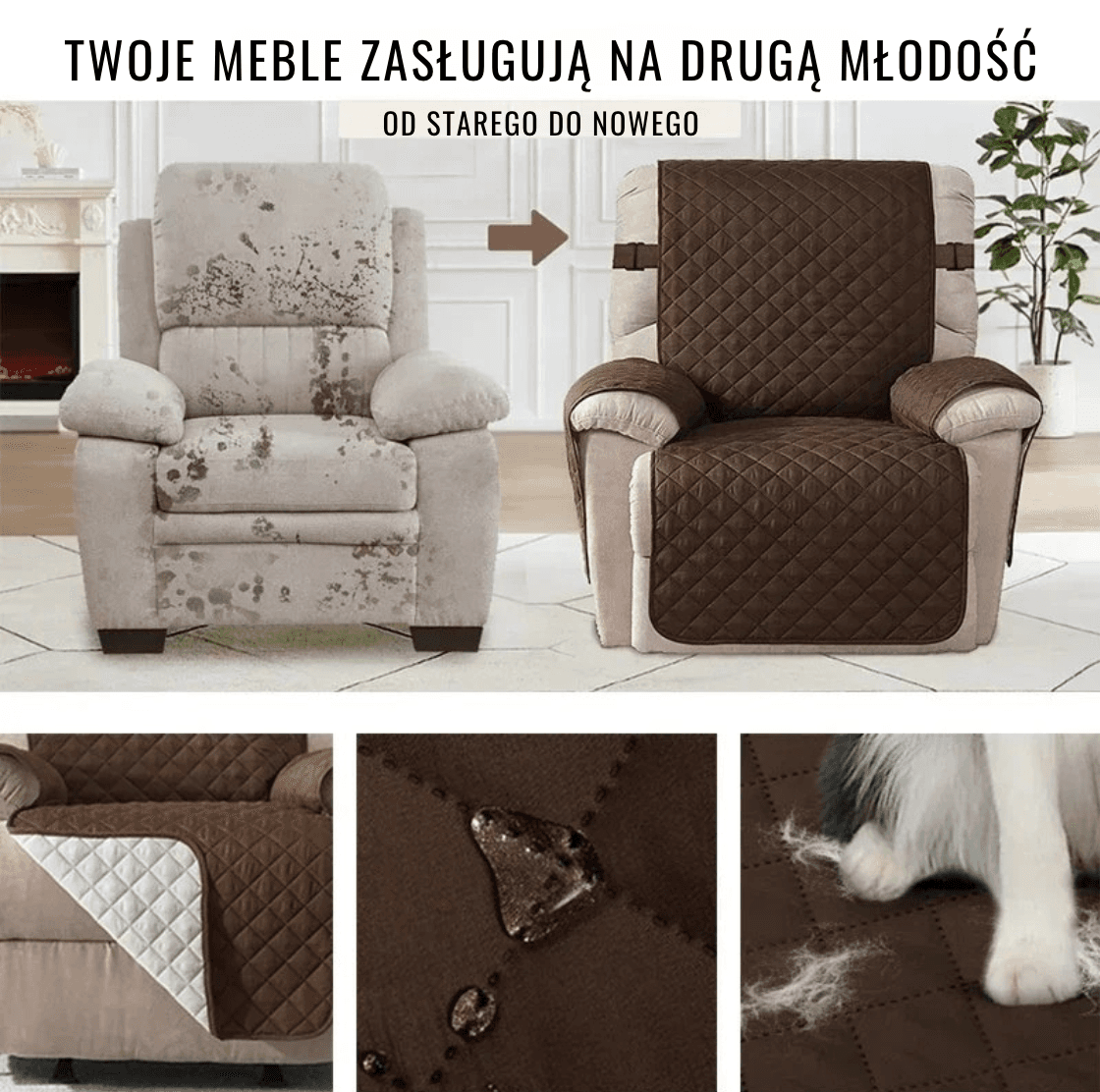 Wodoodporny Pokrowiec na Fotel, Rozkładany 1-osobowy – Pikowany, z Elastycznym Paskiem | Ochrona dla Domu ze Zwierzętami i Dziećmi