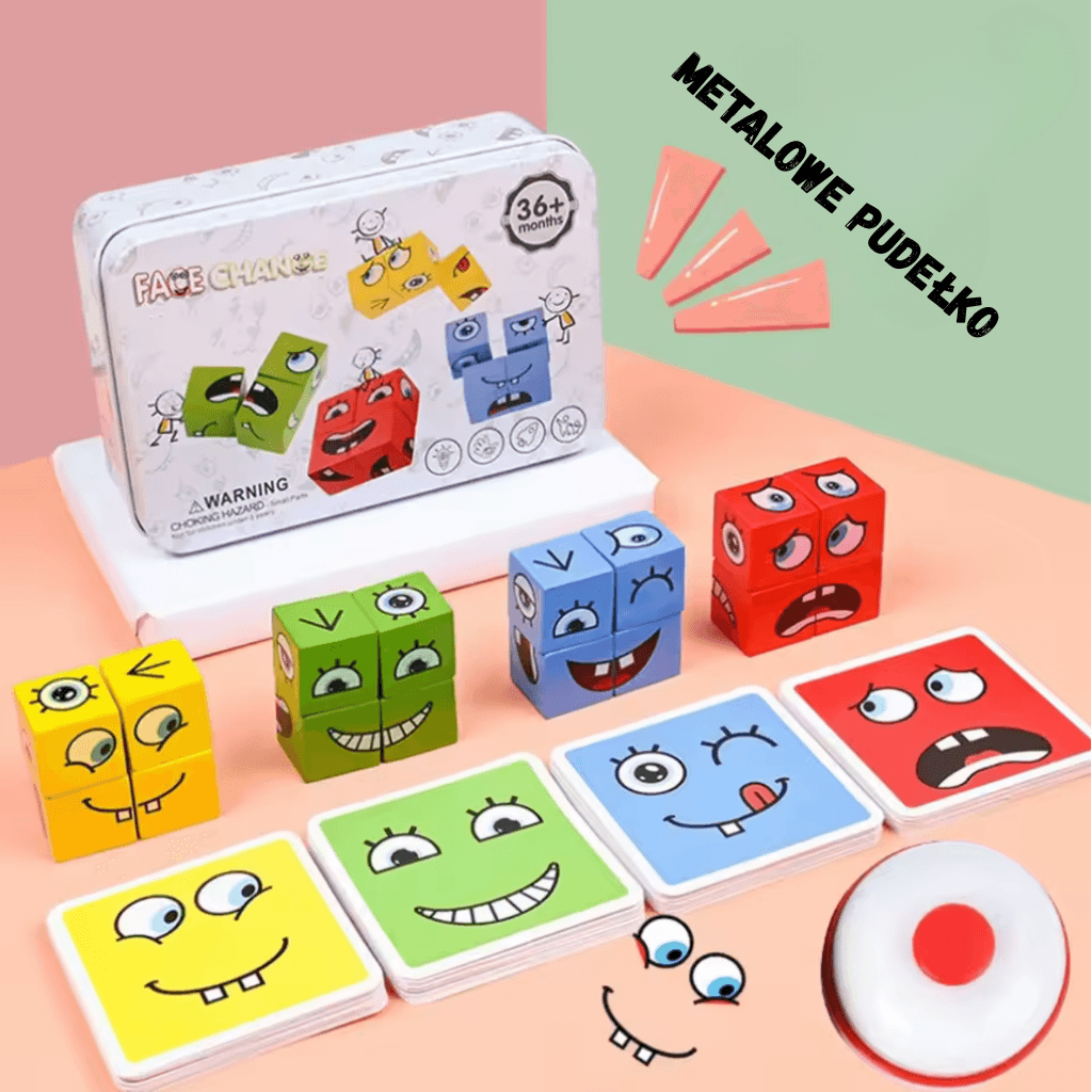 Drewniana Gra Logiczna Twarze i Emocje – Klocki Montessori, Układanka Edukacyjna dla Dzieci